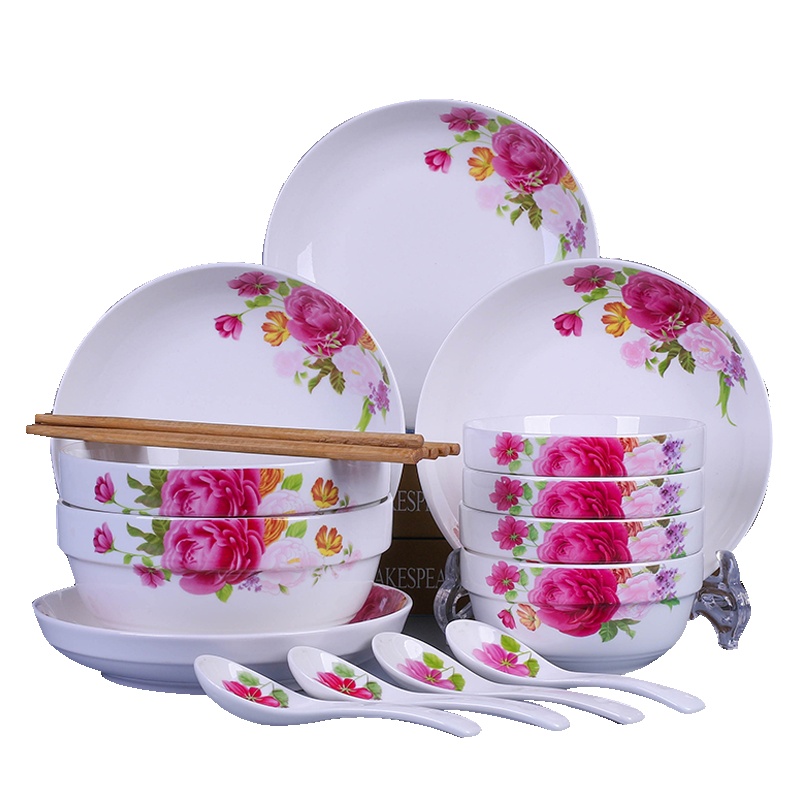 瓷物语中式餐具家用19件碗盘碟套装简约清新饭碗圆盘菜盘子组合餐具(粉黛)