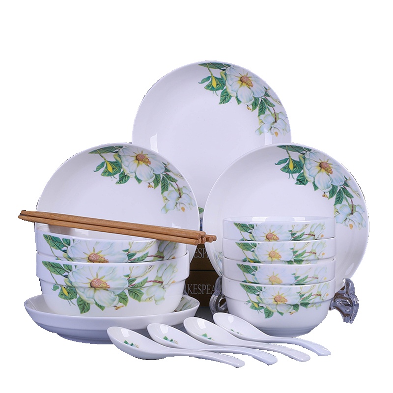 瓷物语中式餐具家用19件碗盘碟套装简约清新饭碗圆盘菜盘子组合餐具(百合)