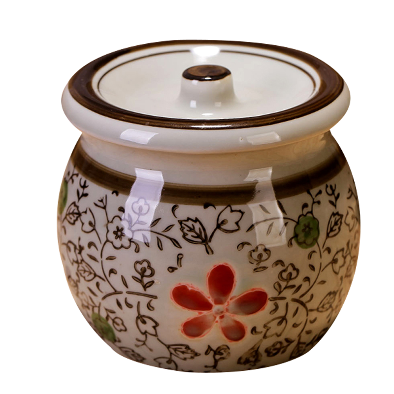 瓷物语釉下彩调味罐陶瓷创意盐罐600ml日式厨房油罐糖罐送勺子（大红花）