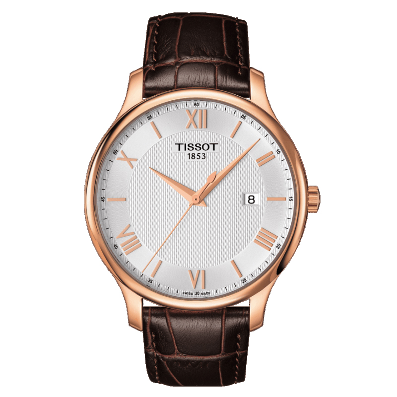 天梭(TISSOT)俊雅系列罗马刻度金壳棕色真皮皮革男士石英手表T063.610.36.038.00