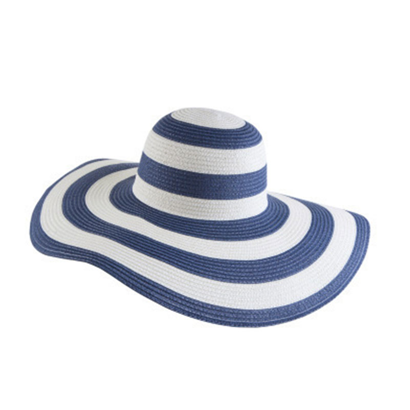 2017韩版帽子女士夏季防晒草帽户外沙滩遮阳帽黑白条纹大沿太阳帽