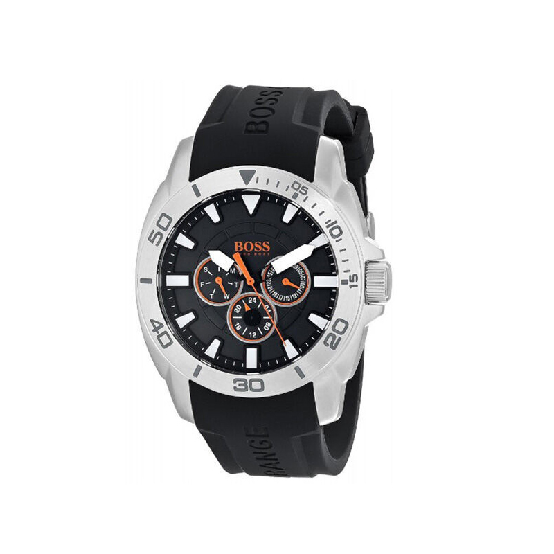 雨果博斯(HUGO BOSS)手表 时尚瑞士品牌橡胶表带圆盘三眼石英表 男 1512950