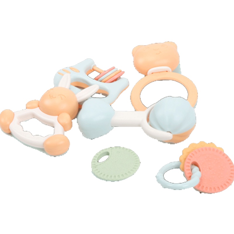 8件简易装（可高温水煮）婴儿牙胶手摇铃抓握训练玩具3-6个月男女宝宝0-1岁宝宝牙胶