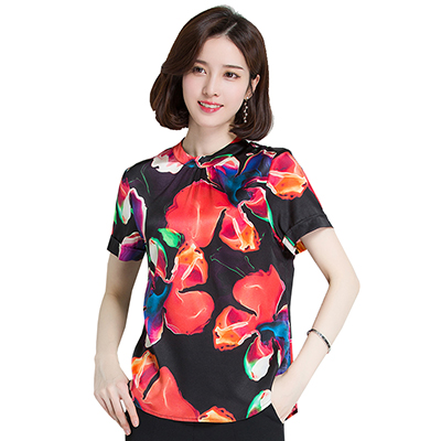恒源祥女士短袖t恤2018春夏新品上衣女短款宽松桑蚕丝t恤