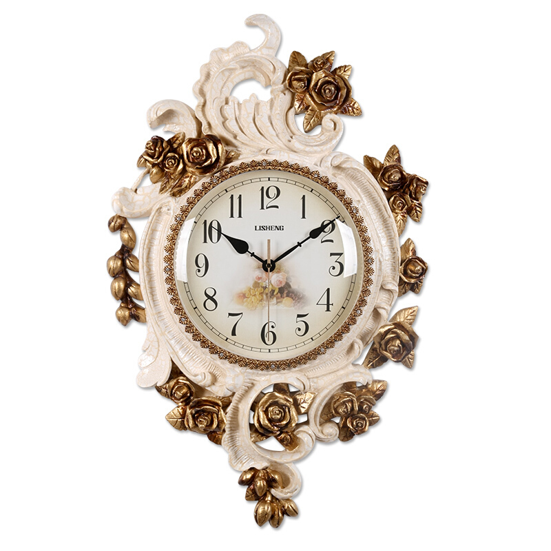 (lisheng)欧式玫瑰复古挂钟单面装饰挂表美式客厅挂表田园静音时钟表
