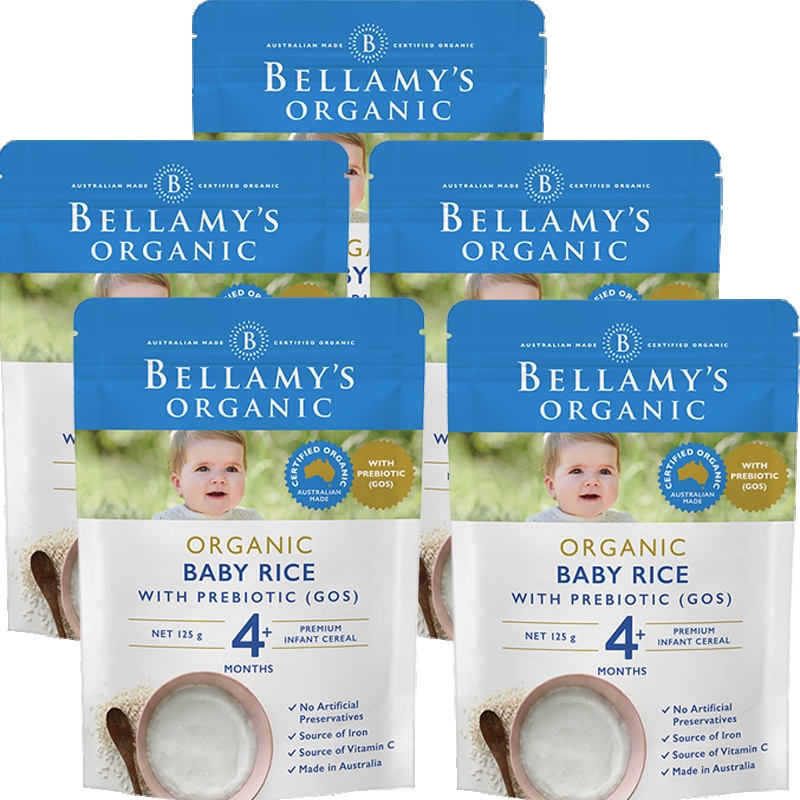 澳洲Bellamy's贝拉米高铁有机GOS益生元米粉125g*5袋装 4+/4个月+宝宝婴幼儿辅食Baby 澳大利亚进口