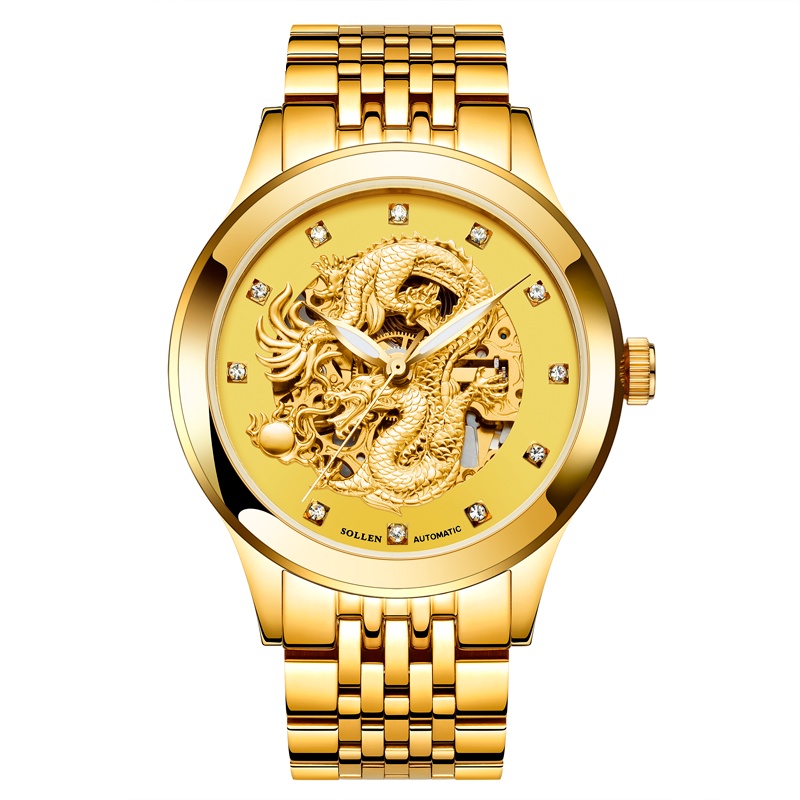 梭伦(SOLLEN)手表金表自动机械表镂空男士间金品质精钢时尚休闲商务男表龙表SL602