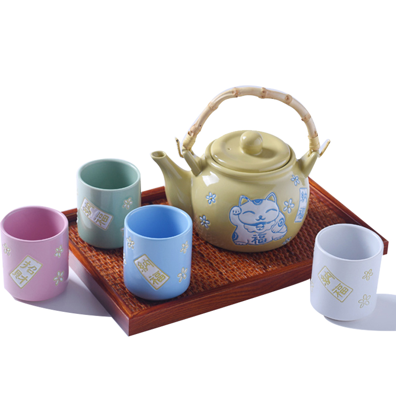 陶瓷茶具 日式整套茶具家用茶壶茶杯提梁壶茶具 招财猫一壶四杯