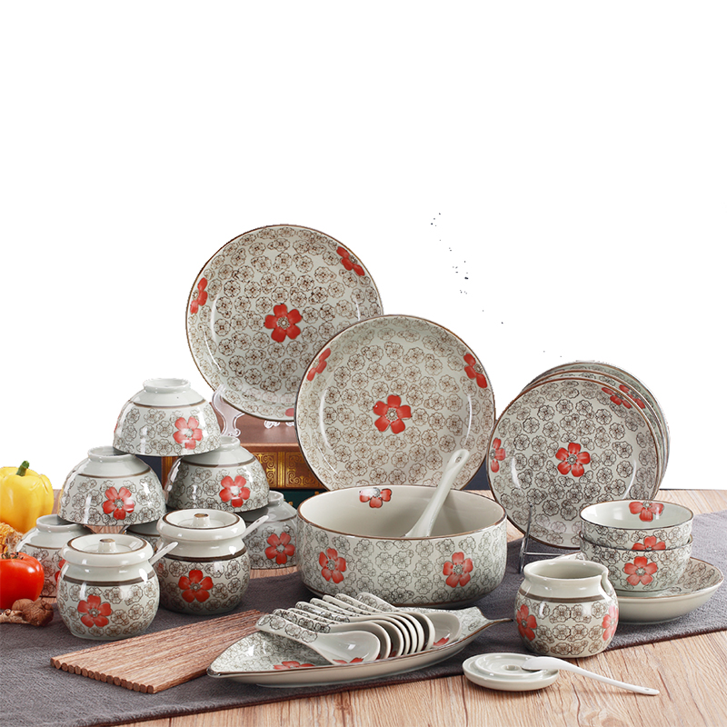 餐具套装 微波炉可用日式釉下彩创意家用陶瓷碗盘碟36头 红富贵 韩碗配置