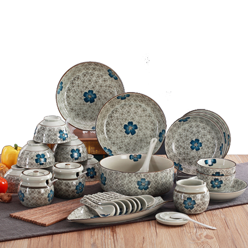 餐具套装 微波炉可用日式釉下彩创意家用陶瓷碗盘碟36头 蓝富贵高脚碗配置