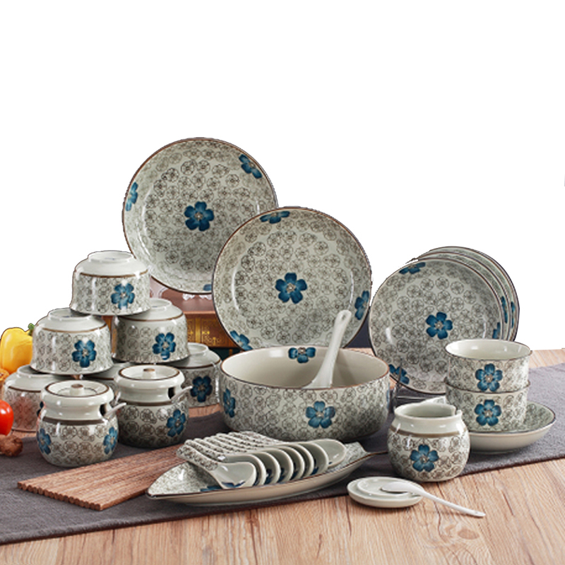 餐具套装 微波炉可用日式釉下彩创意家用陶瓷碗盘碟36头 蓝富贵韩碗配置