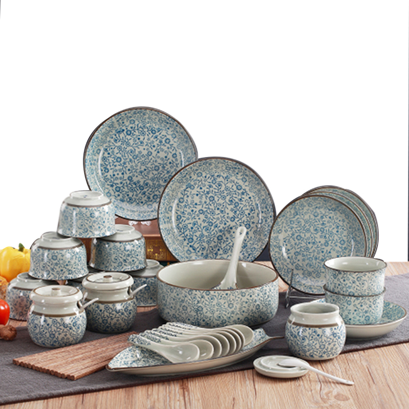 餐具套装 微波炉可用日式釉下彩创意家用陶瓷碗盘碟36头 吉祥花韩碗配置