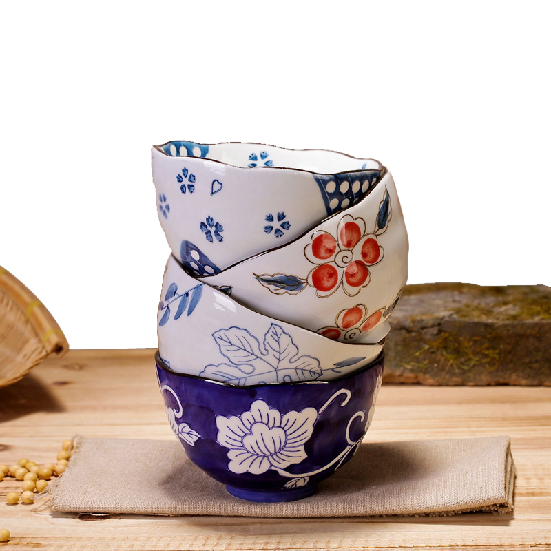 陶瓷碗创意日式釉下彩手绘波纹碗 5.5英寸四个套装