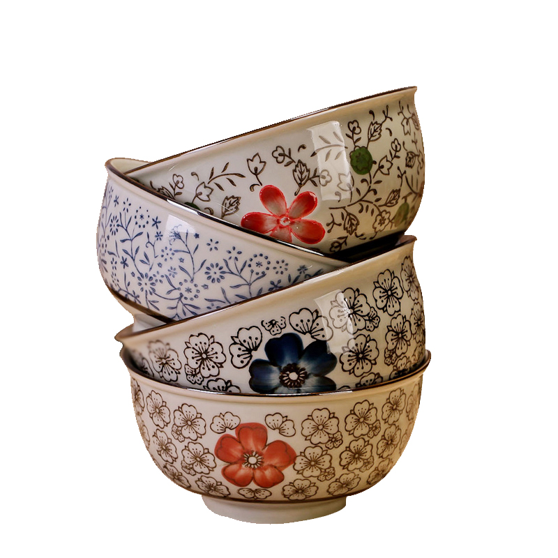釉下彩5英寸护边碗 陶瓷日式米饭碗面碗汤碗创意陶瓷碗手绘四色套装
