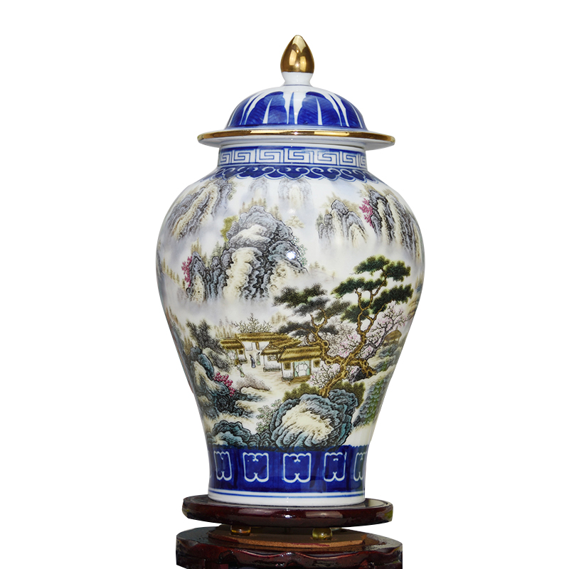 景德镇陶瓷装饰摆件新中式青花描金花瓶家居客厅装饰品 粉彩山水