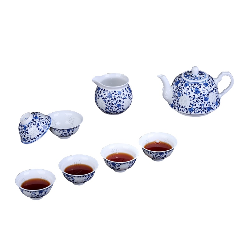 风源青花玲珑瓷茶具套装 手绘家用功夫茶具茶杯公道杯茶壶