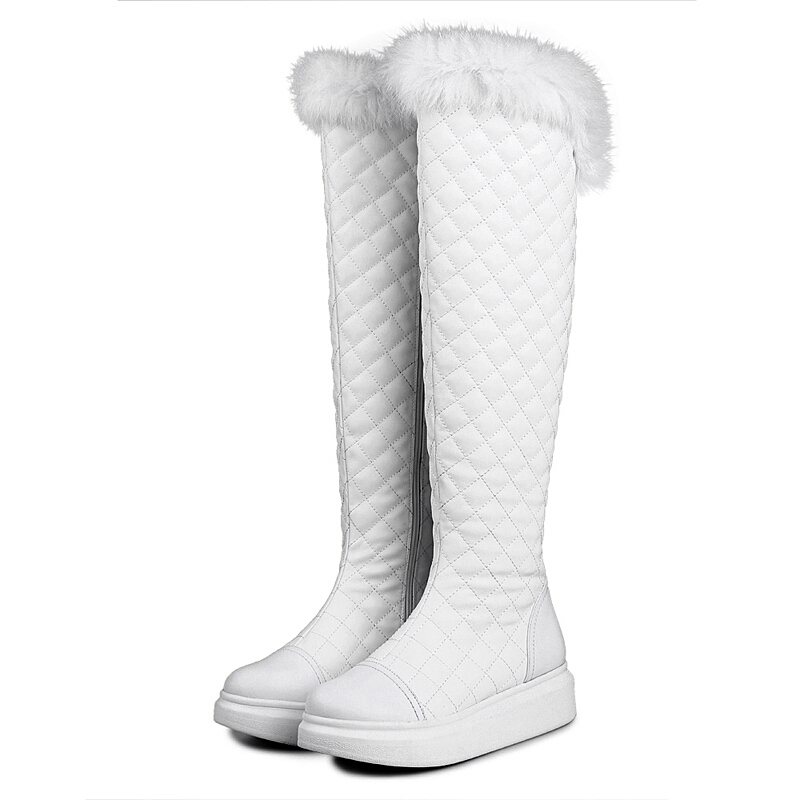 CAETIENT冬季兔毛长筒牛皮雪地靴女中跟平跟高筒长靴坡跟厚底软底休闲靴保暖靴