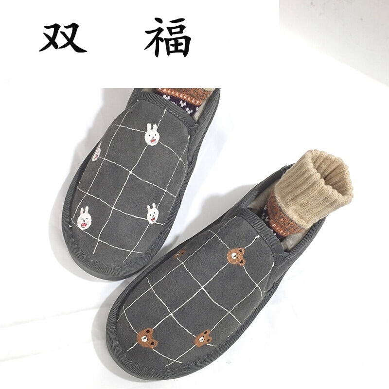 韩版懒人雪地靴可爱动物面包鞋冬季学生短靴平底格子加绒棉鞋女鞋D0141