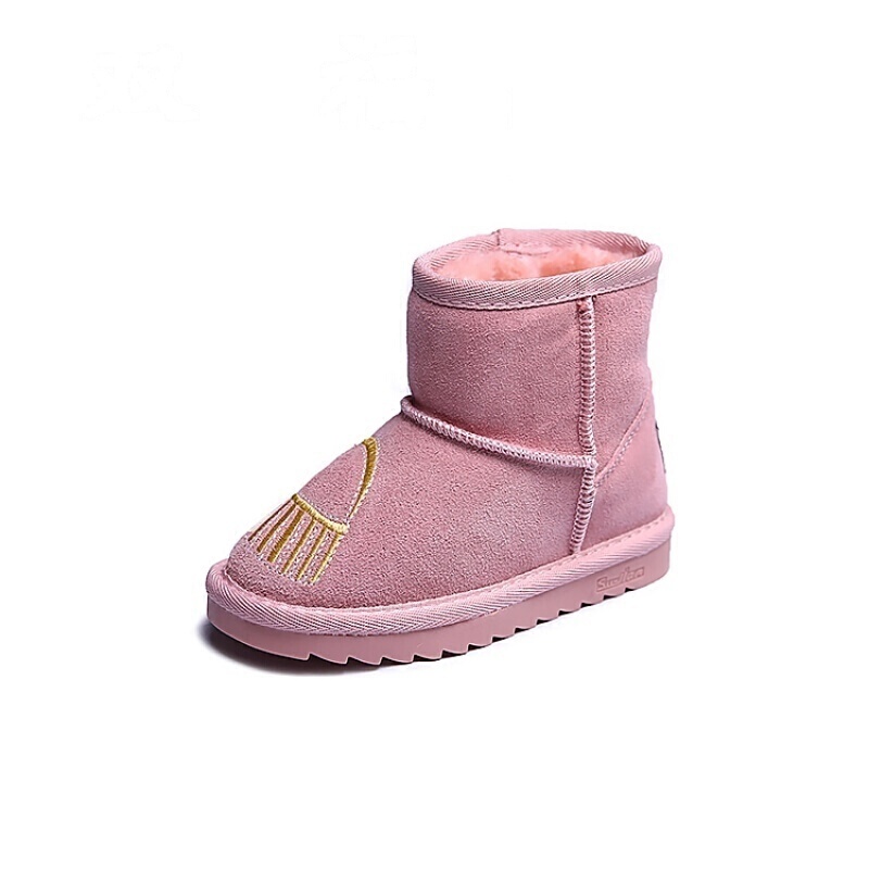 韩版206冬季儿童真皮雪地靴韩版女童卡通刺绣中筒靴男童保暖防滑棉鞋小码学生靴