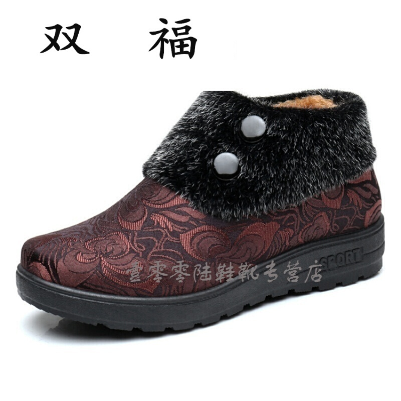 冬季老北京布鞋女棉鞋高帮防滑厚底老人鞋中老年人保暖加厚妈妈咖啡色加厚棉鞋