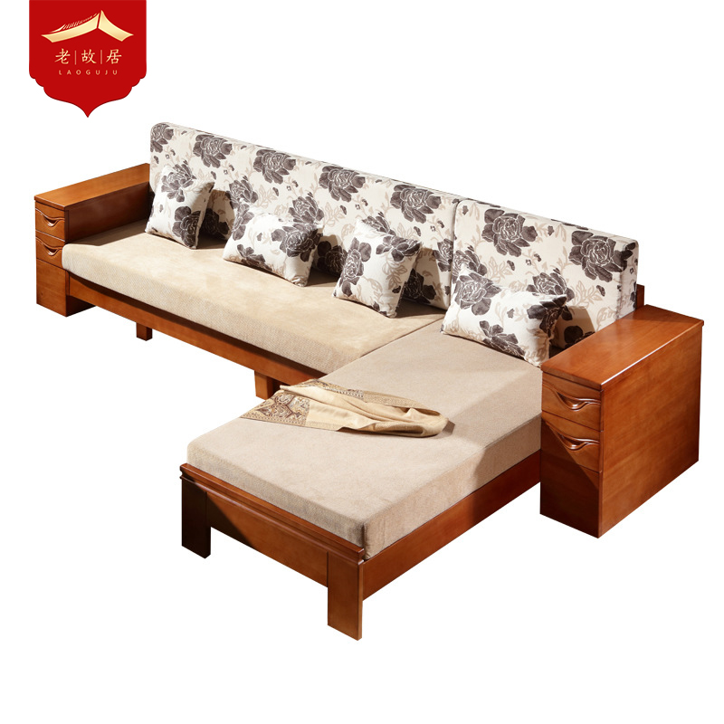 老故居 实木沙发 现代中式木质沙发床 小户型客厅简约休闲组合木质转角贵妃沙发