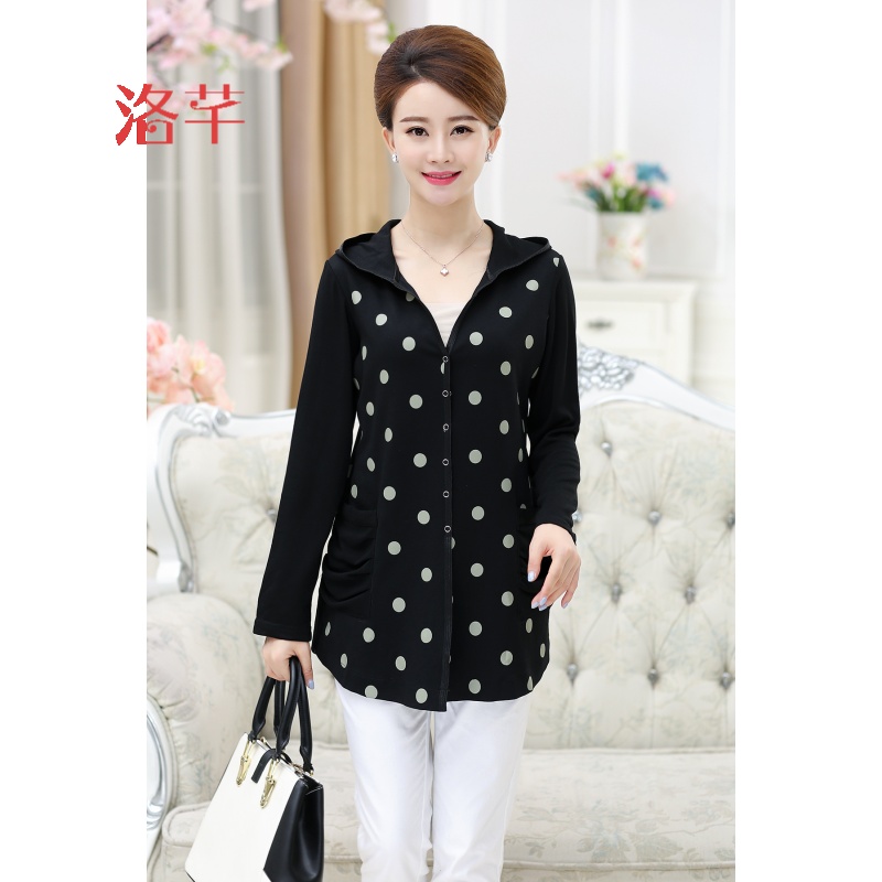 洛芊中老年圆点连帽外套女大码妈妈装全棉休闲上衣中长款夏打底衫薄