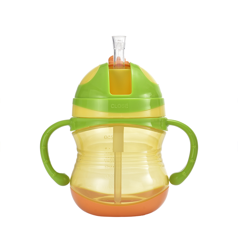 盟宝防漏宝宝吸管杯带手柄喝水杯瓶婴儿学饮杯儿童水壶吸水杯250ml绿色