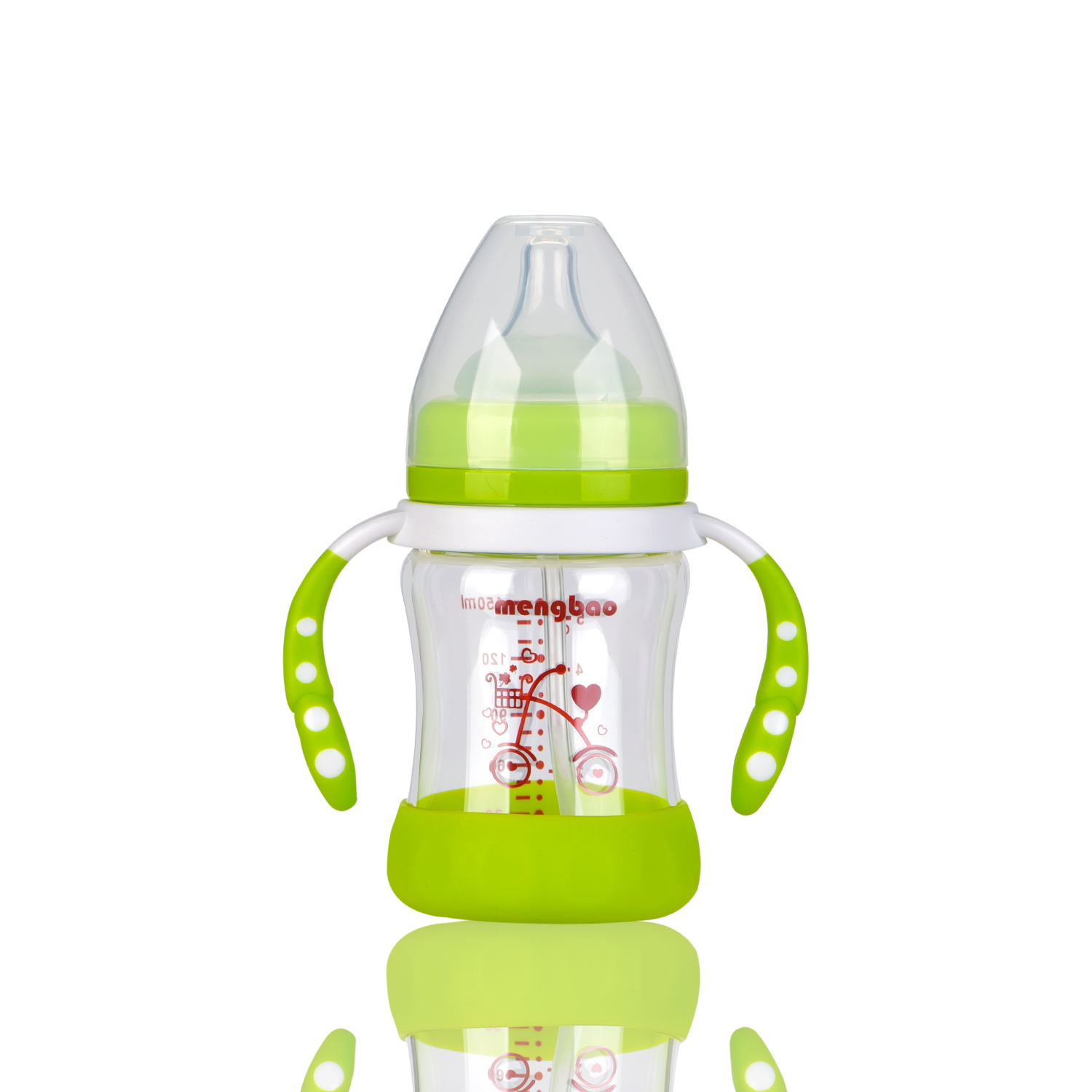 盟宝玻璃奶瓶 婴儿带手柄吸管宽口径奶瓶 防摔150ml绿色