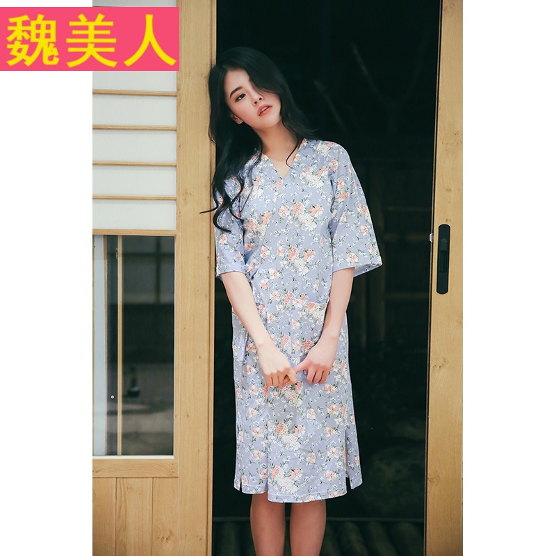 日系和服睡衣女夏季纯棉短袖汗蒸服日本日式和风睡袍性感浴袍浴衣