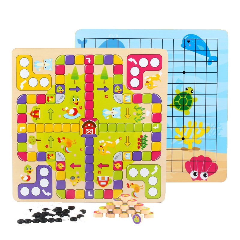 【拼购专享】儿童早教益智木制二合一多功能智力游戏棋飞行棋五子棋双面3-6-12岁桌面游戏玩具