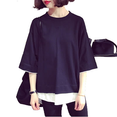 2018夏装新款韩版女装大码宽松纯色假两件短袖T恤女式上衣小衫女