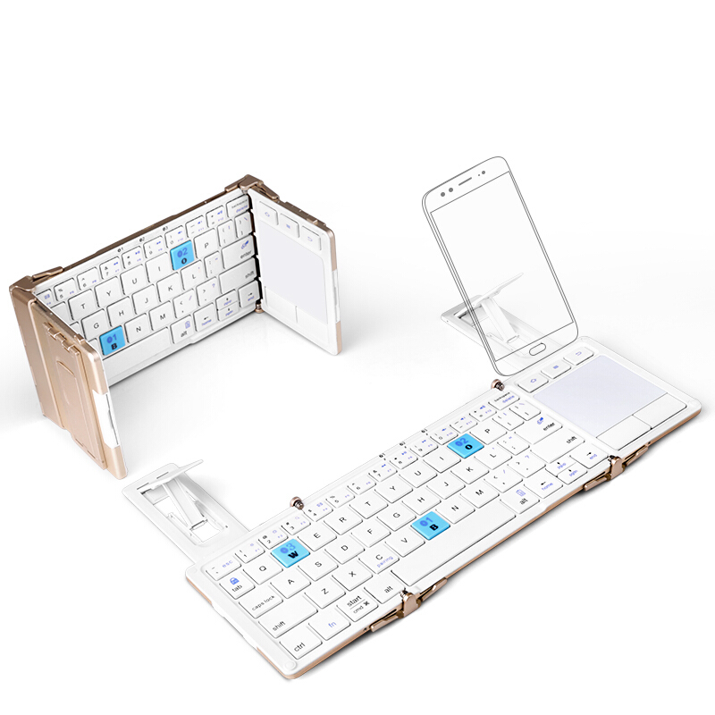 HIGE/可折叠带鼠标触控功能无线蓝牙键盘 多设备通用办公键盘 金属材质轻薄便捷 支架版 -金色
