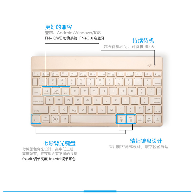 HIGE/无线蓝牙键盘+皮套二合一套装 苹果ipad平板单独键盘 适用于ipad pro 10.5英寸 金色