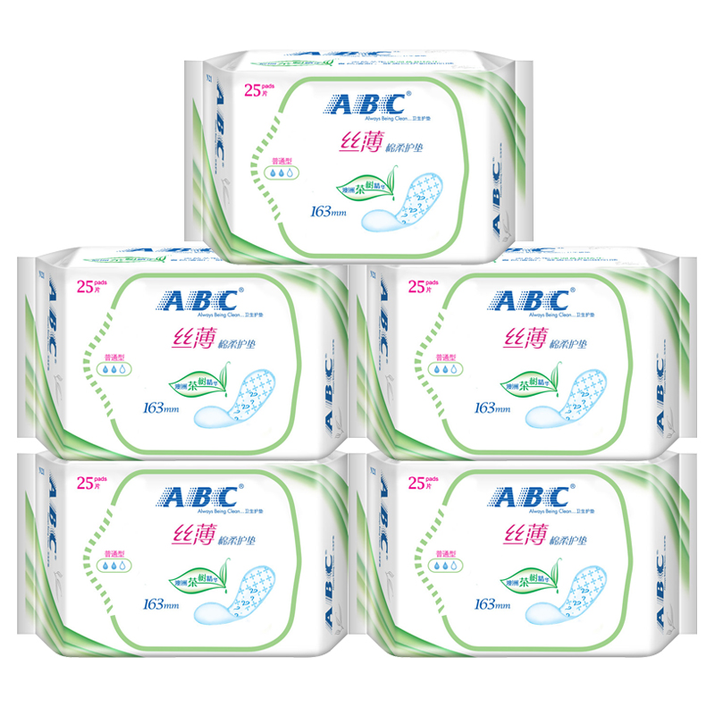 ABC护垫 丝薄棉柔25片*5包装 共125片 163mm 茶树精华