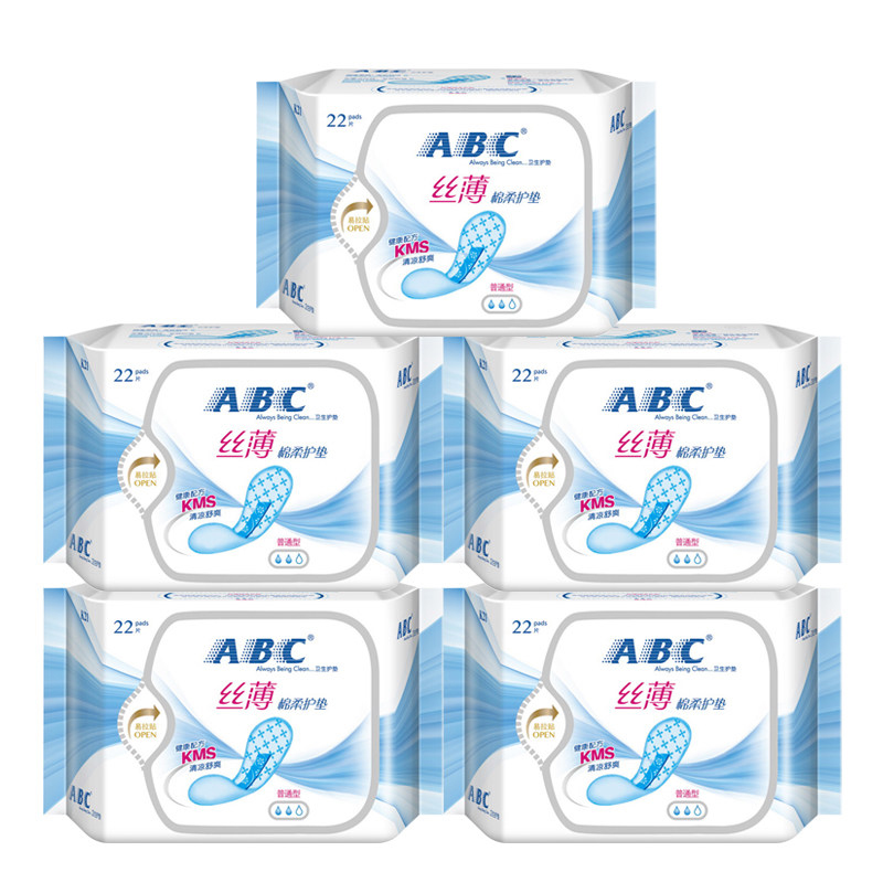 ABC卫生护垫丝薄透气棉柔亲肤清凉舒爽KMS健康配方163MM 22片*5包套装 共110片