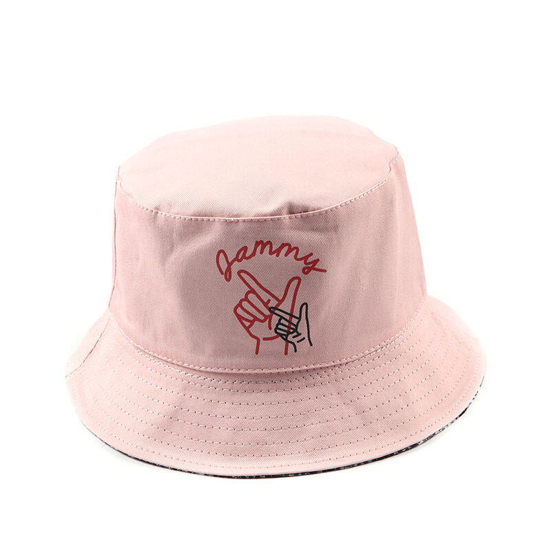 新款双面格子渔夫帽女小清新可折叠户外百搭手指盆帽休闲夏季帽子粉红色M(56-58cm)