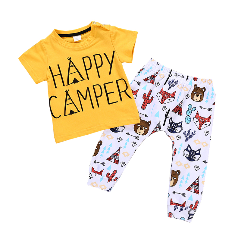 欧美2018夏新款男童字母上衣狐狸印花长裤两件套宝宝套装儿童衣服