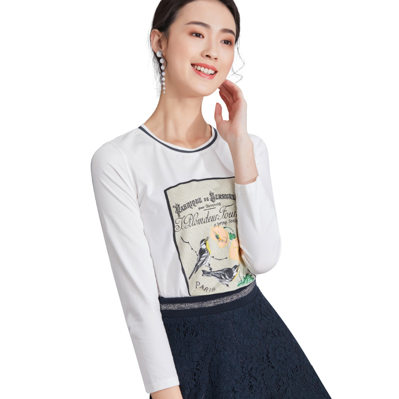欧昵雪 春秋季新款时尚气质百搭打底衫简约通勤显瘦修身圆领套头上衣印花休闲九分袖女士t恤