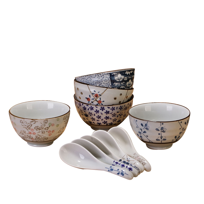 风源日式碗碟套装陶瓷创意 餐具套装(5碗5勺配高脚碗)