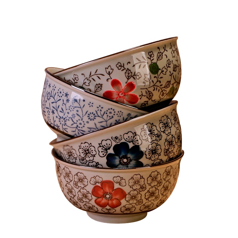 风源日式韩式釉下彩手绘 5英寸创意陶瓷碗 米饭碗 小面碗汤碗(4色套装)