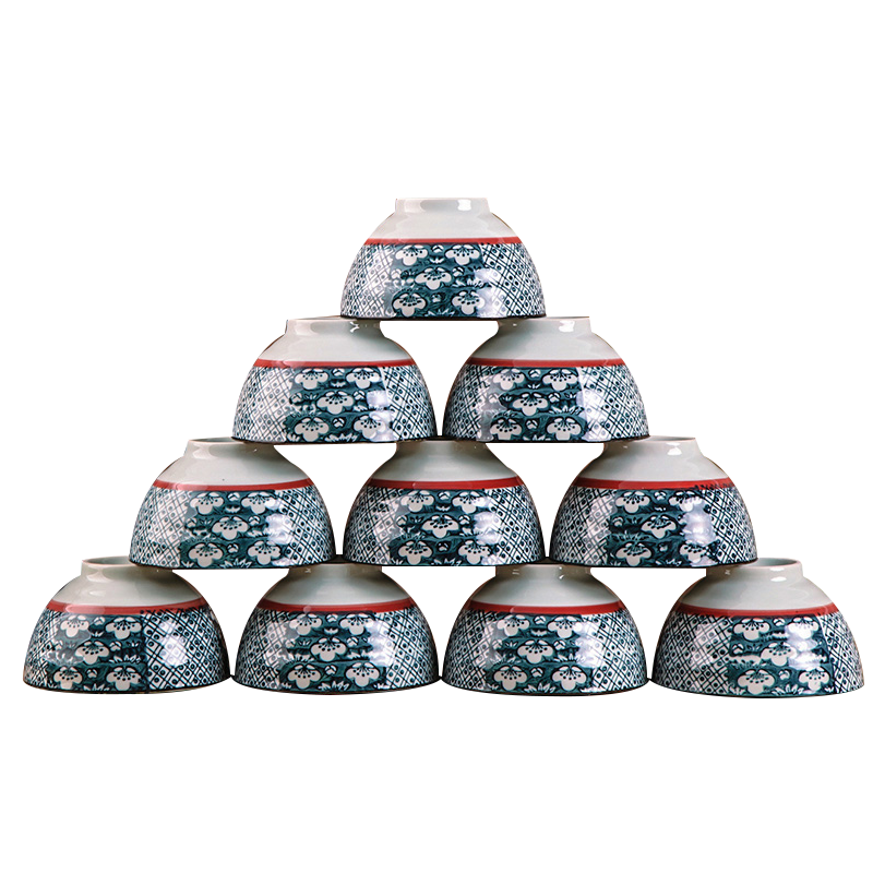 风源碗家用吃饭10个装日式陶瓷创意餐具碗套装组合 4.25英寸高脚碗蓝彩
