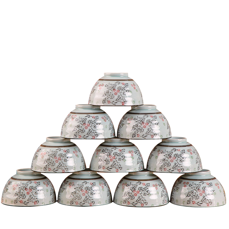 风源家用吃饭碗小汤碗韩式米饭碗日式碗10个装（4.25英寸高脚碗唐草）