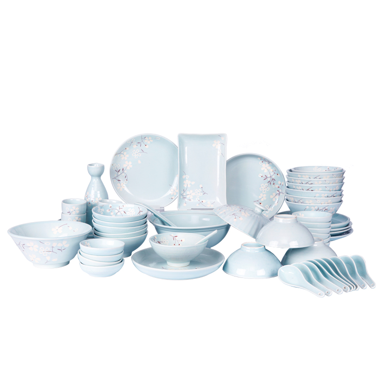 [玉泉]YUQUAN 樱花物语日式餐具套装碗碟 中式印花陶瓷碗盘家用56头 国产高淳陶瓷