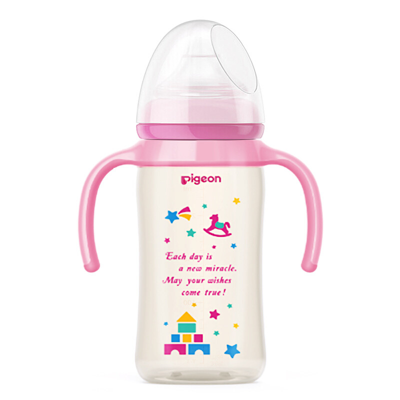 贝亲（Pigeon） 自然实感宽口奶瓶 双把手PPSU彩绘奶瓶240ml M号奶嘴适合3个月以上宝宝 粉色AA127