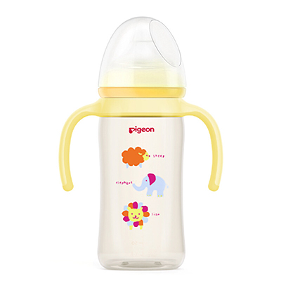 贝亲(Pigeon) 自然实感宽口奶瓶 双把手PPSU彩绘奶瓶240ml M号奶嘴适合3个月以上宝宝 黄色AA126