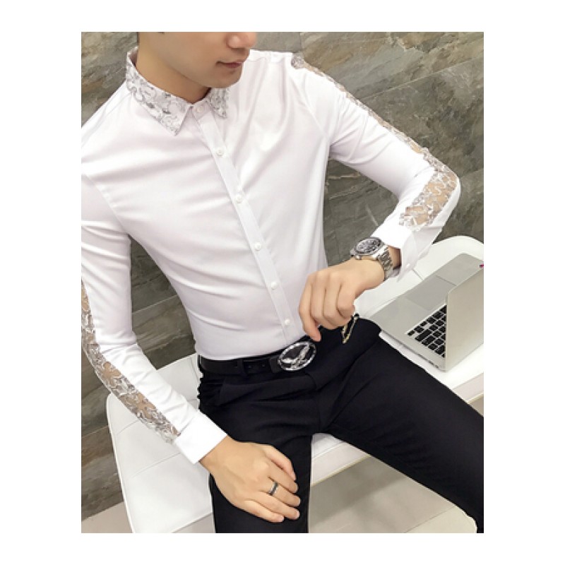 2018季款衬衫男长袖修身韩版潮流个蕾丝衬衣