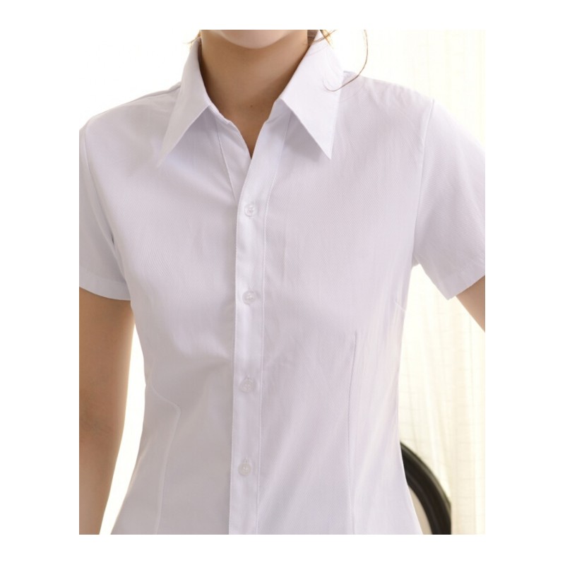[慧家]白衬衫短袖职业条纹V领尖领修身作正斜纹衬衣白斜纹短袖