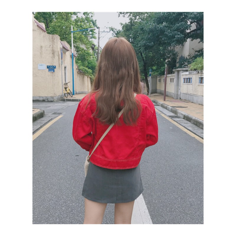 2018韩版百搭红f长袖短款仔外克宽松上衣