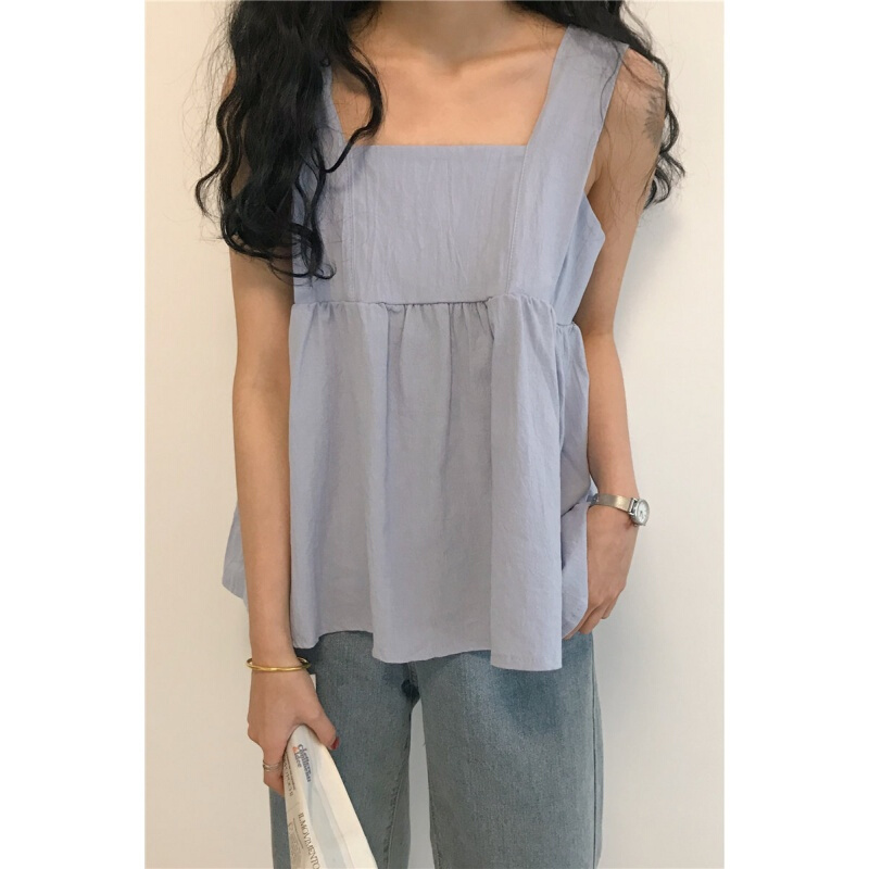 夏季2018韩版百搭方领纯皱褶带背心宽松无袖上衣潮白均