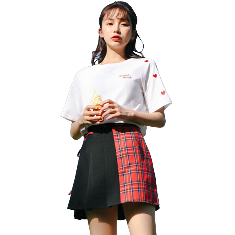 韩版清新少心夏短袖刺绣T恤格身裙两件_6